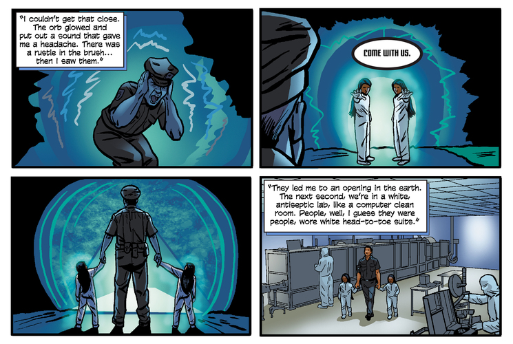 Panels from "The Policeman" comic written and drawn by Arigon Starr appearing in "Oklahoma Today" magazine in 2018.